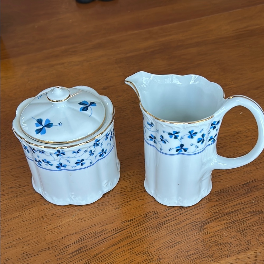 Blue Floral Ceramic Creamer and Sugar Set